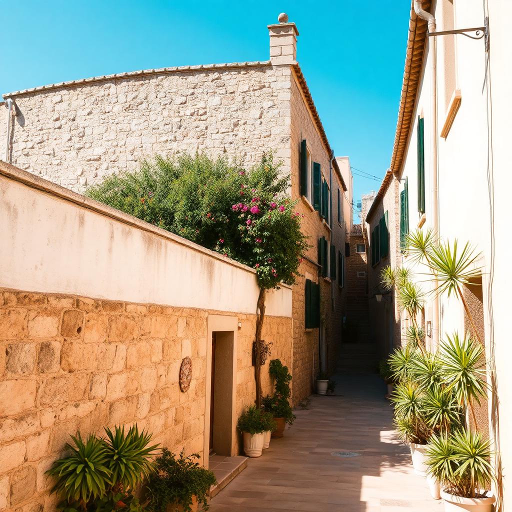 A quiet alley in Alcudia old town — stone walls, bougainvillea and afternoon shade.