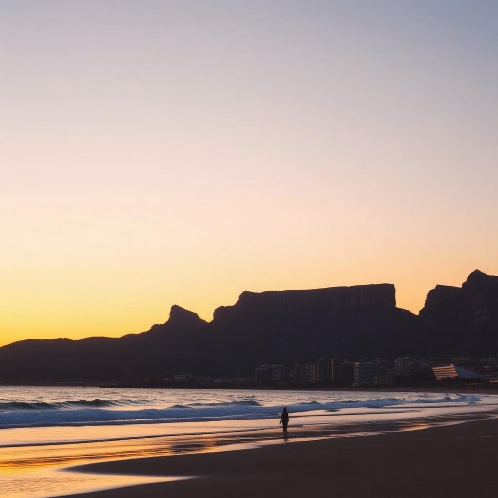 Table Mountain silhouetted from Camps Bay at sunset — a Christmas Day we won't forget.