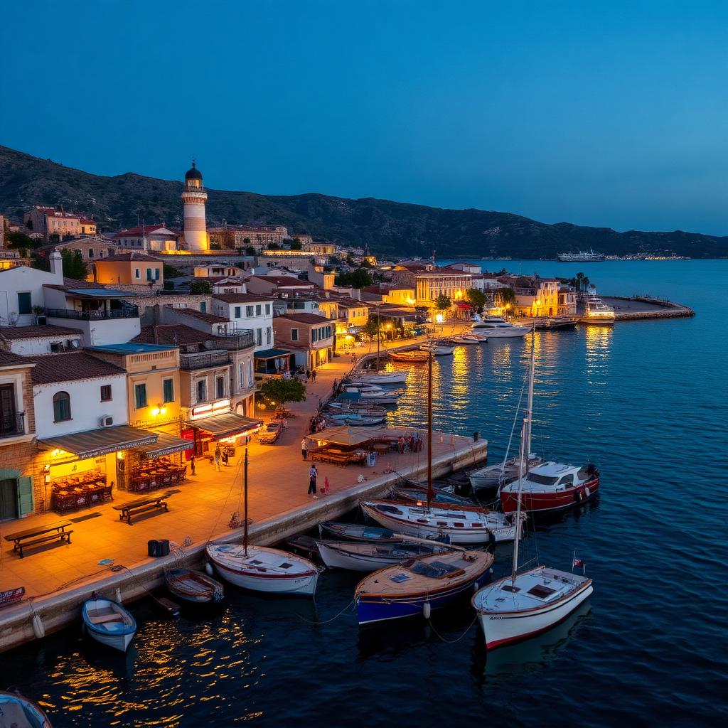 The Venetian harbour of Chania at dusk — lighthouse lit, tavernas warming up.