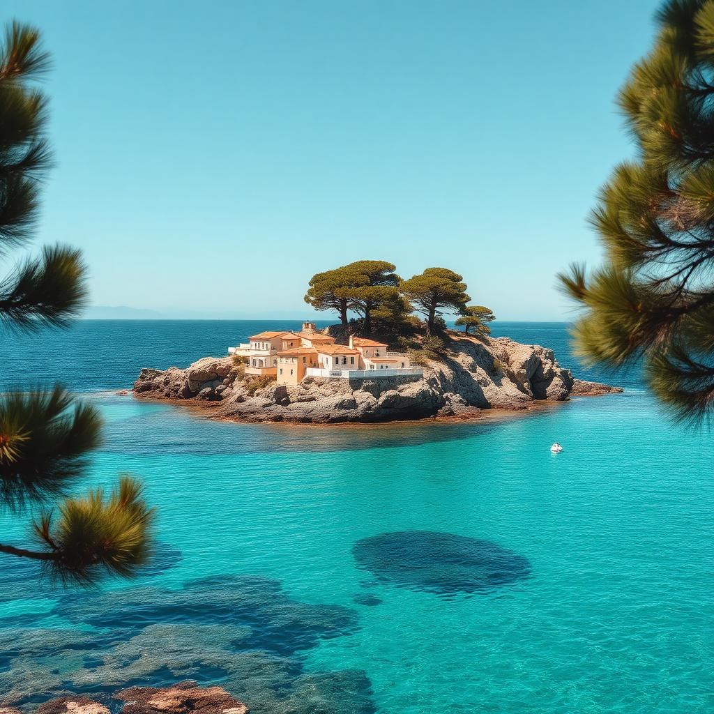 The clear, sheltered cove below the hotel — pine trees framing the turquoise water.