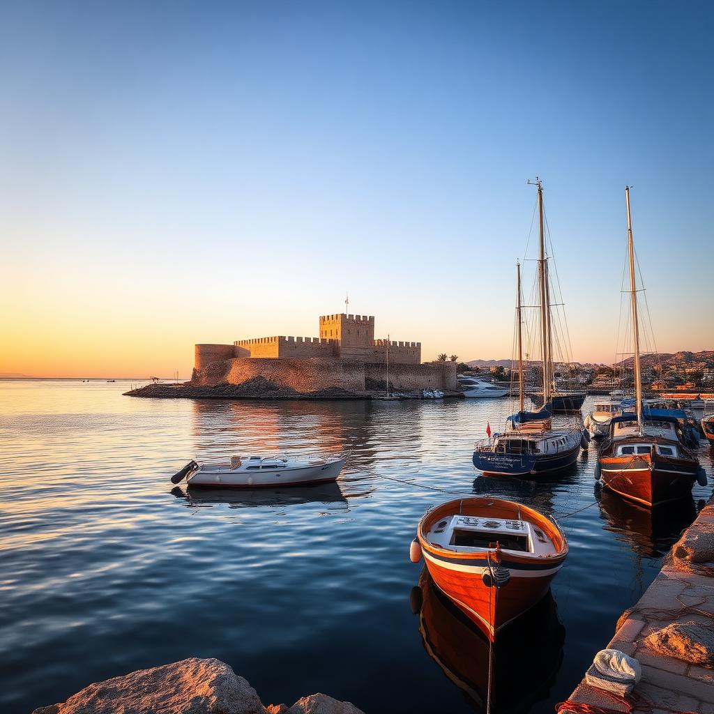 Paphos Harbour and the medieval fort catching the last of the day's light.