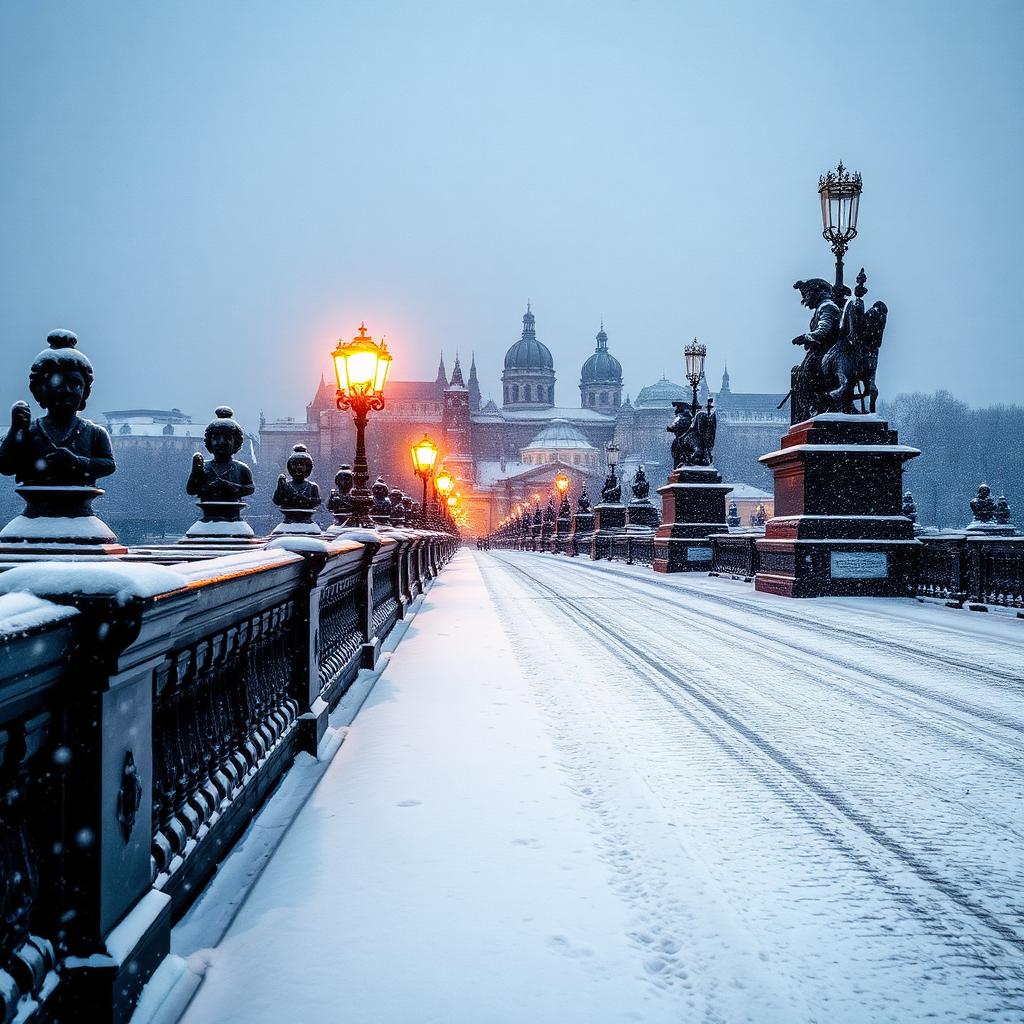 Dawn on the Charles Bridge — statues dusted with snow and almost no one about.