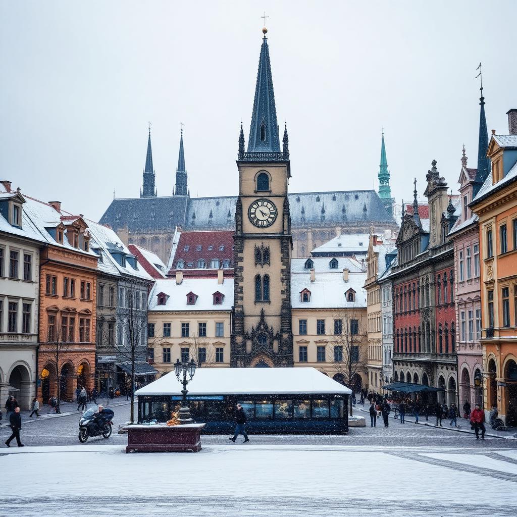 The Old Town Square under fresh snow — gothic spires and empty cobbles at daybreak.