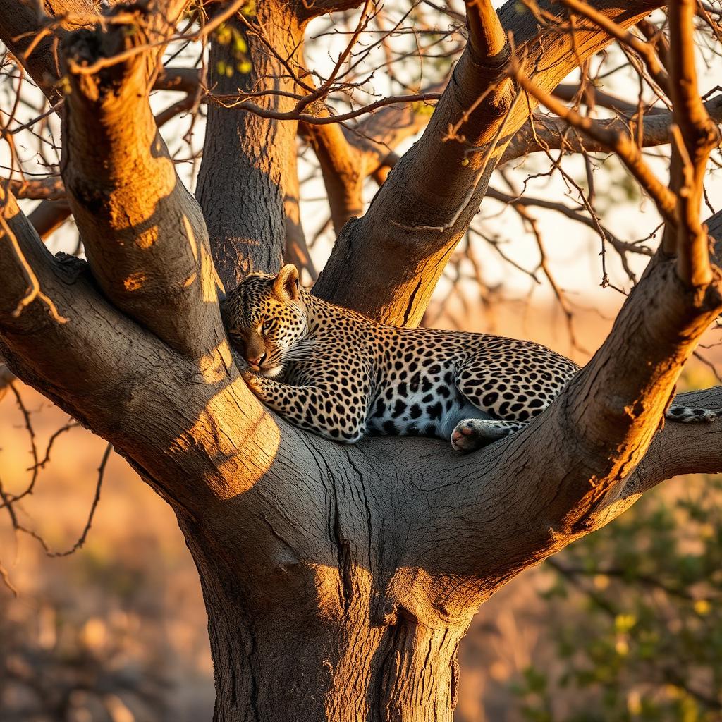 A young leopard resting in an acacia tree — the sighting of the trip.